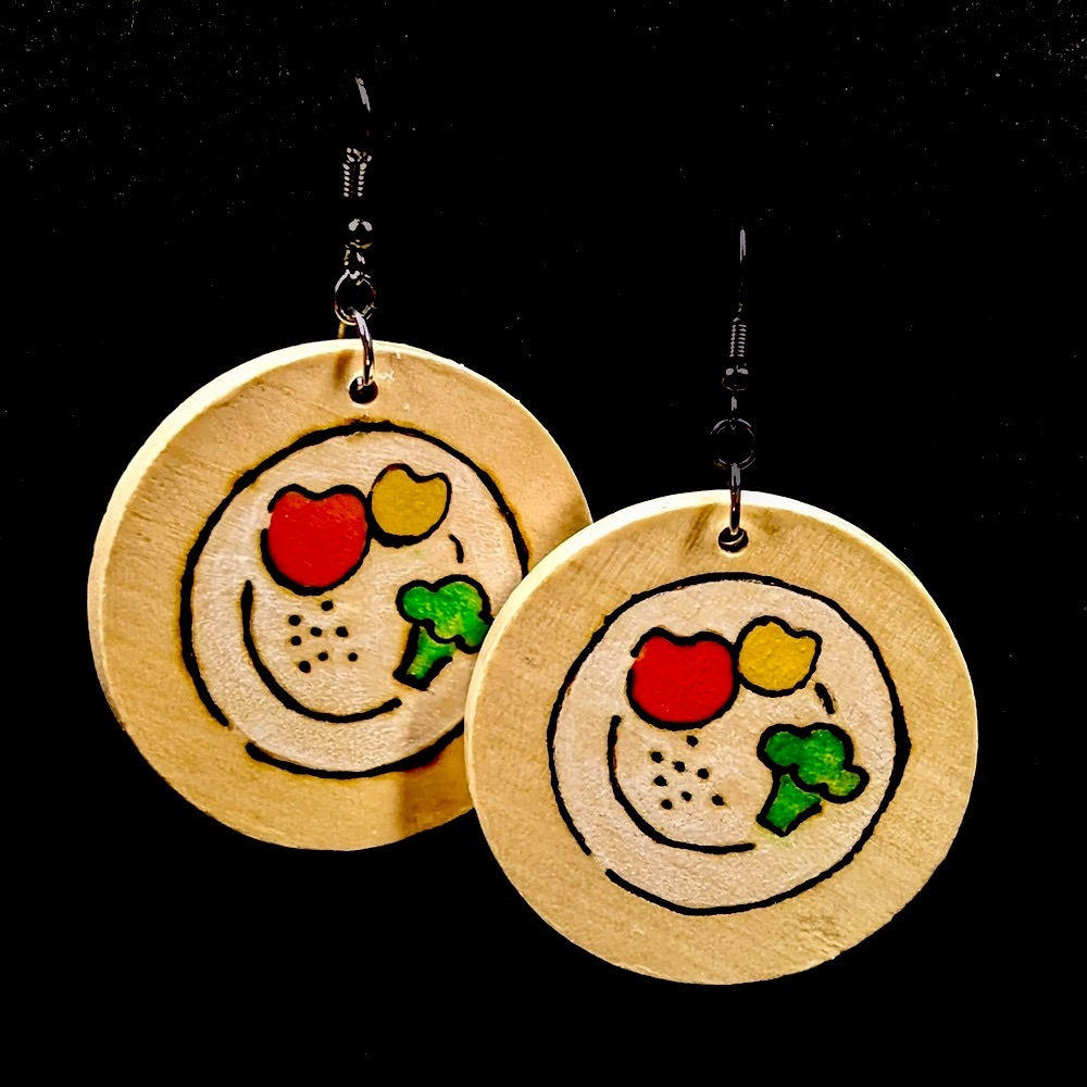 Boutique 🥦 Artisan Hand-Burned + Watercolor Wood Circle Earrings 90’s Tv Dinner